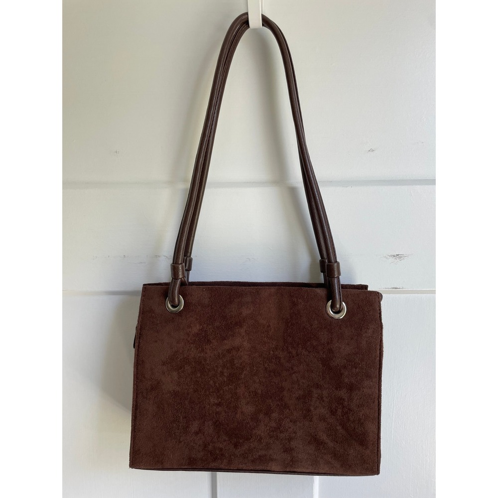 Vintage Brown Faux Suede Shoulder Bag 90s Minimalist Tote Boho Satchel Purse